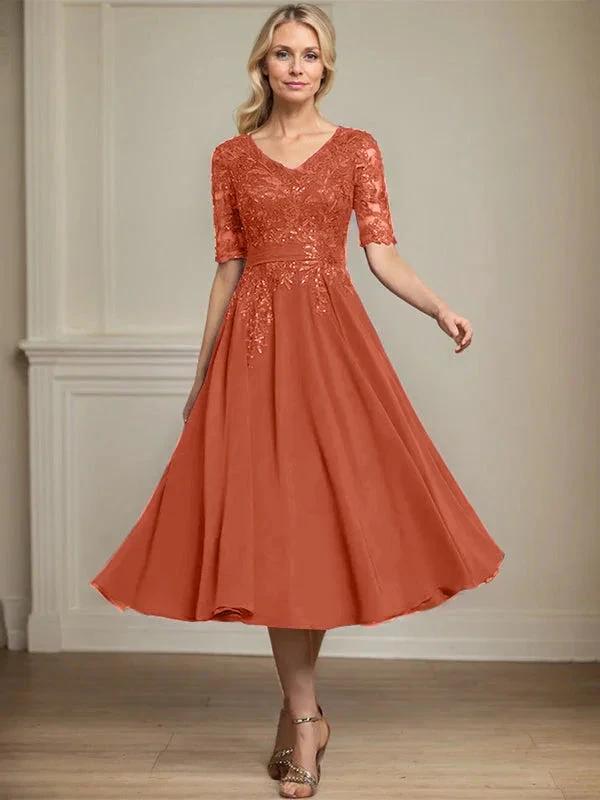 A-line V-Neck Tea-Length Lace Chiffon Mother of the Bride Dress With Sequins