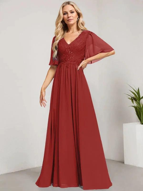 A-line V-Neck Floor-Length Lace Chiffon Mother of the Bride Dress With Sequins