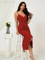 Numbersea Spaghetti Chiffon V Neck Bridesmaid Dress Mid-Length Slit Formal Prom Dress Homecoming Dress 2803
