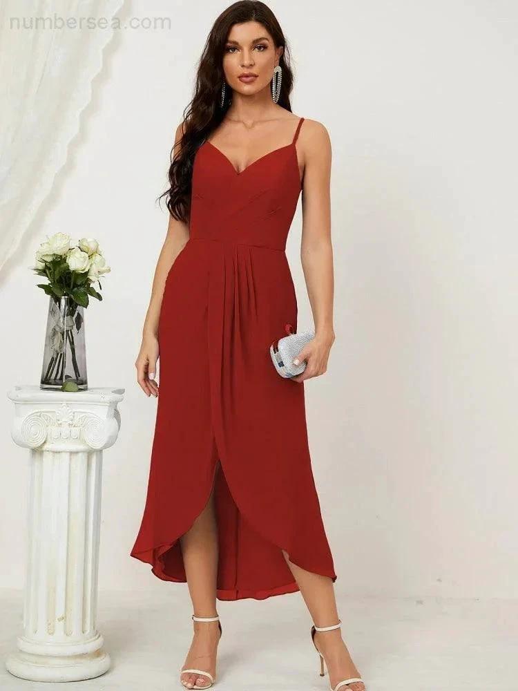 Numbersea Spaghetti Chiffon V Neck Bridesmaid Dress Mid-Length Slit Formal Prom Dress Homecoming Dress 2803