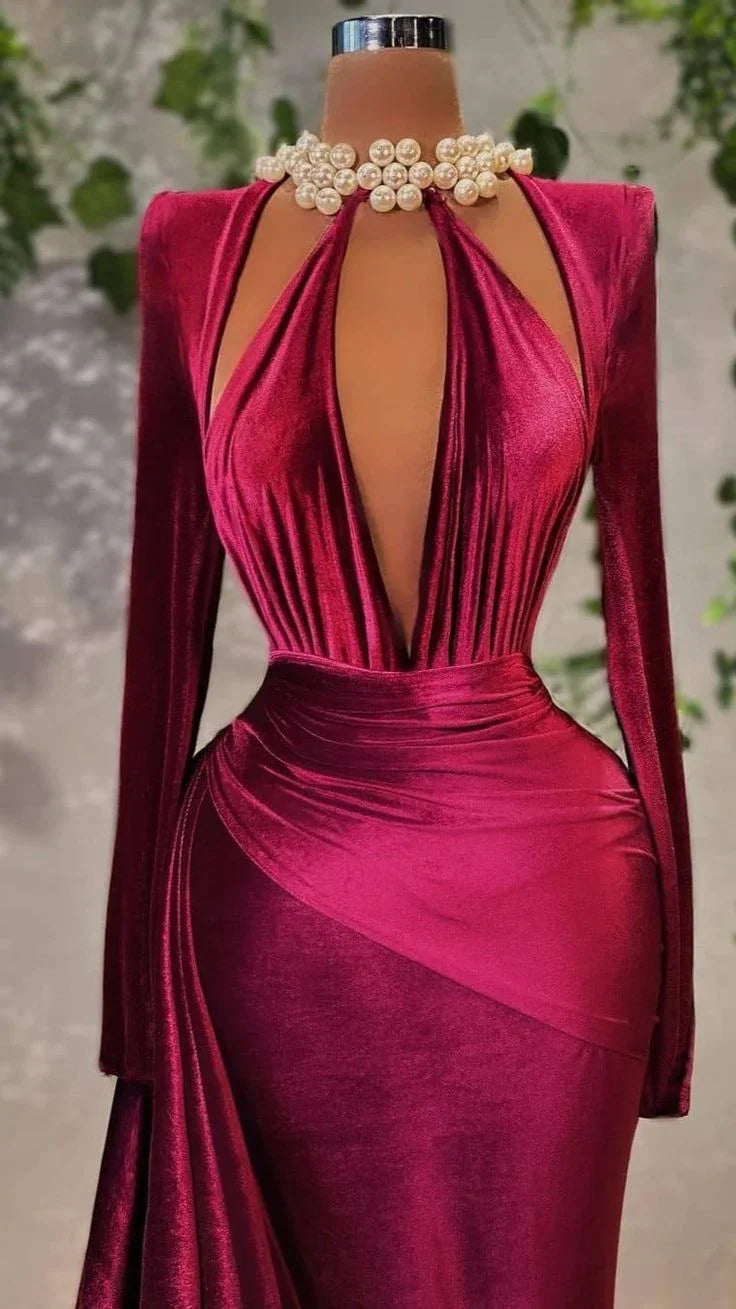 Sexy Velvet Long Sleeve Evening Dress Chic Evening Gown Y4934
