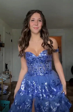 Sparkly Blue Tulle Sequins Layered Evening Dress Formal Slit Prom Dress Y7961