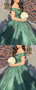 green ball gown prom dresses lace appliques off the shoulder S13881