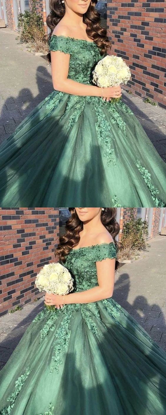 green ball gown prom dresses lace appliques off the shoulder S13881