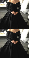 Black Lace Appliques Long Sleeves Ball Gowns Prom Dresses S14044
