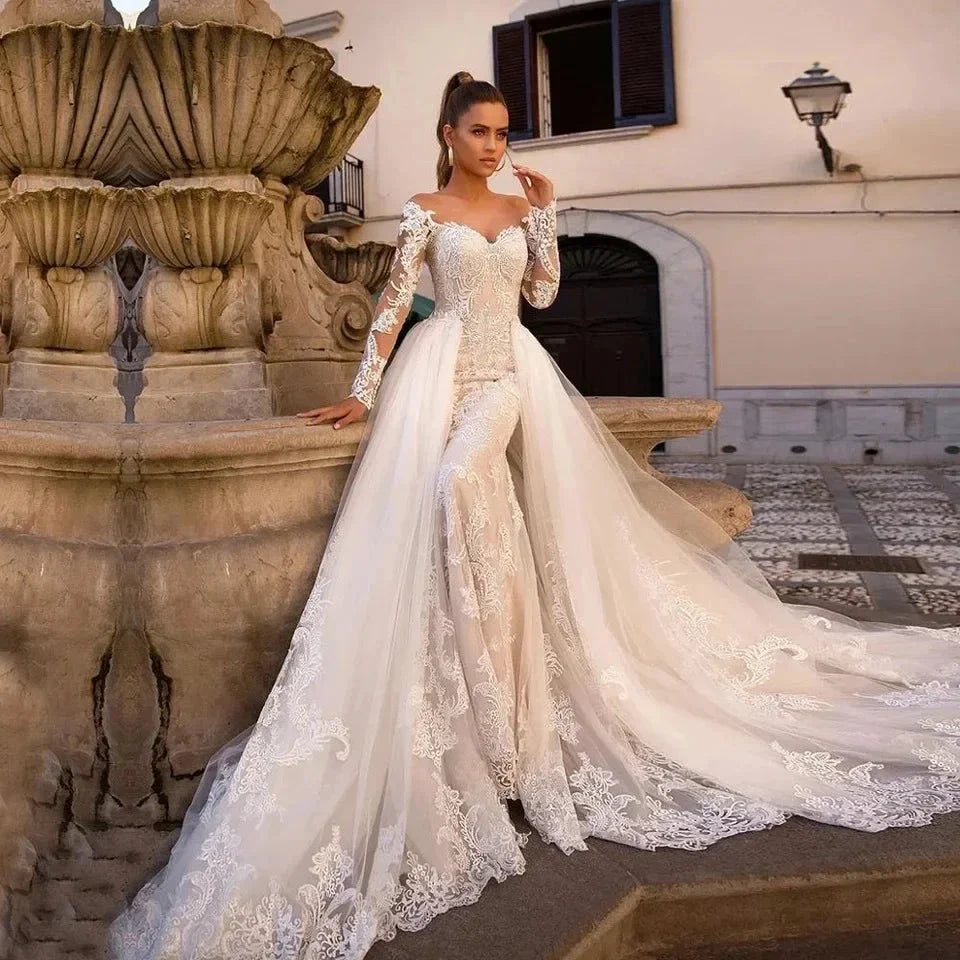 Vintage Mermaid Wedding Dresses With Detachable Train Long Sleeves Applique Beach Vestidos De Novia Summer Boho Bridal Gowns