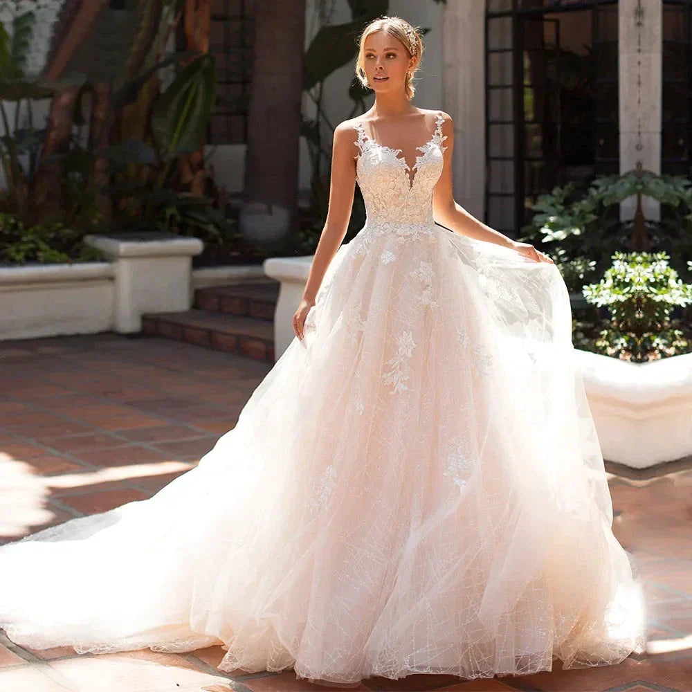 Appliques Vestido De Noiva Deep V-neck Backless Vestidos De Novia Sleeveless Wedding Dresses Lace Robe De Mariée
