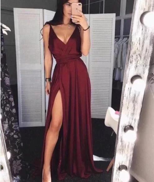 Simple Burgundy V-Neck Satin Prom Dress Long Evening Dress With Split S6547