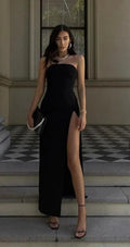 Simple Black Elastic Satin Evening Dress Strapless High Side Slit Sexy Formal Party Dresses Ankle Length Occasion Gown Y51