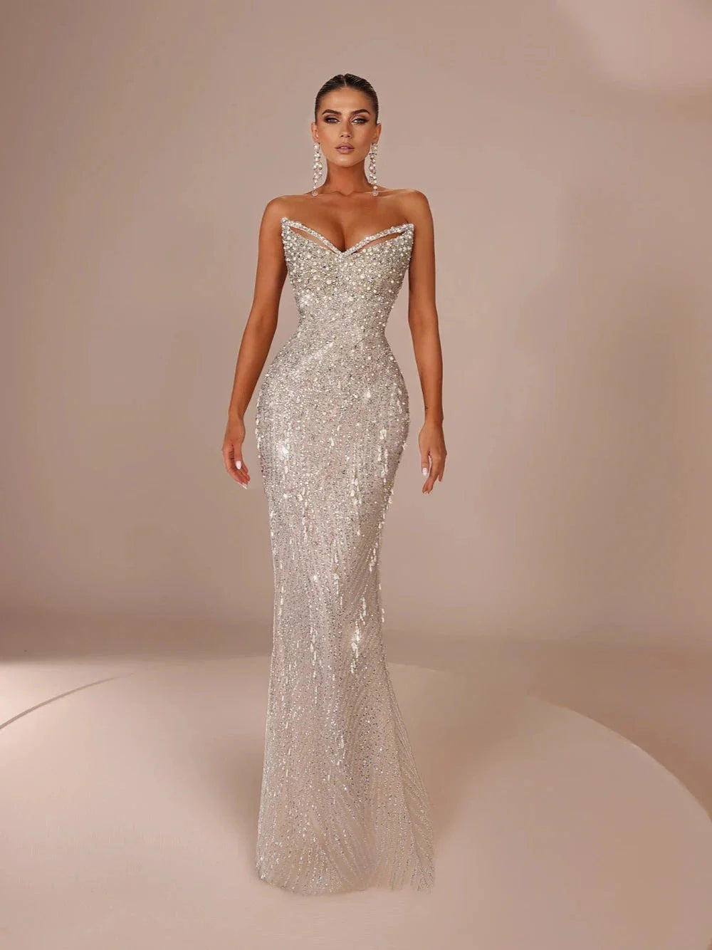 Royal V Neck Wedding Dress With Detachable Train Sequin Beaded Bride Gown