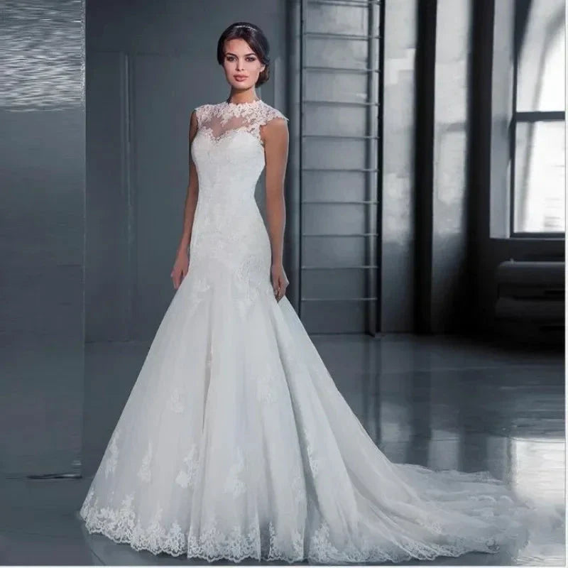 Appliques Vestido De Noiva Vintage Backless Mermaid Wedding Dresses O-neck Vestidos De Novia Lace Robe De Mariée
