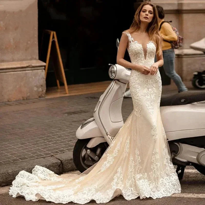 Appliques Vestido De Noiva Deep V-neck Mermaid Vestidos De Novia Vintage Wedding Dresses Lace Robe De Mariée