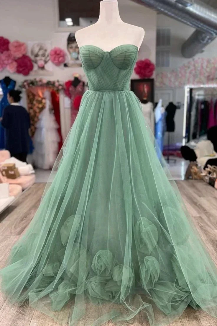 Green Strapless Floral Long Prom Dresses Green Formal Dresses Green Tulle Evening Dresses Y4640