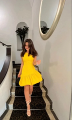 Cute Yellow One Shoulder Satin Homecoming Dress Short Prom Dress Y8187
