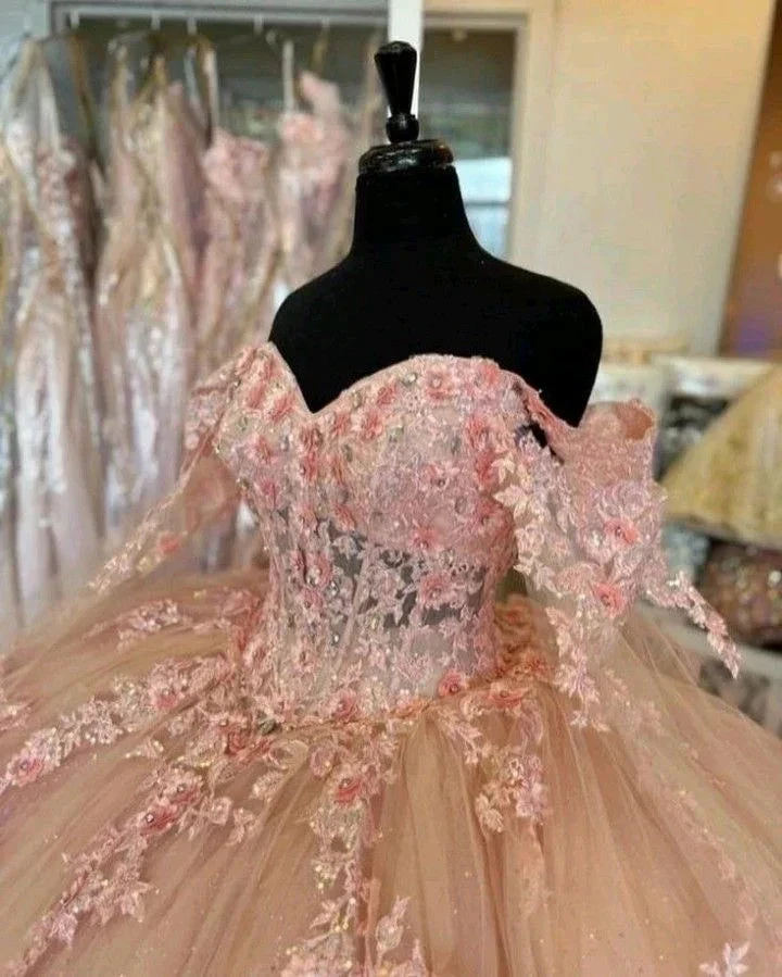 Pink Quinceanera Dresses Off Shoulder Flowers Lace Appliques Beaded Puffy Party Princess Sweet 16 Ball Gown  Y2936