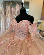 Pink Quinceanera Dresses Off Shoulder Flowers Lace Appliques Beaded Puffy Party Princess Sweet 16 Ball Gown  Y2936