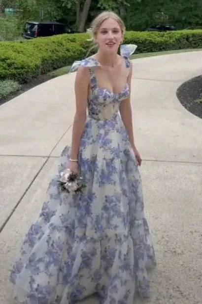 A-line Blue Floral Print Long Prom Dress Blue Evening Dress Y2560