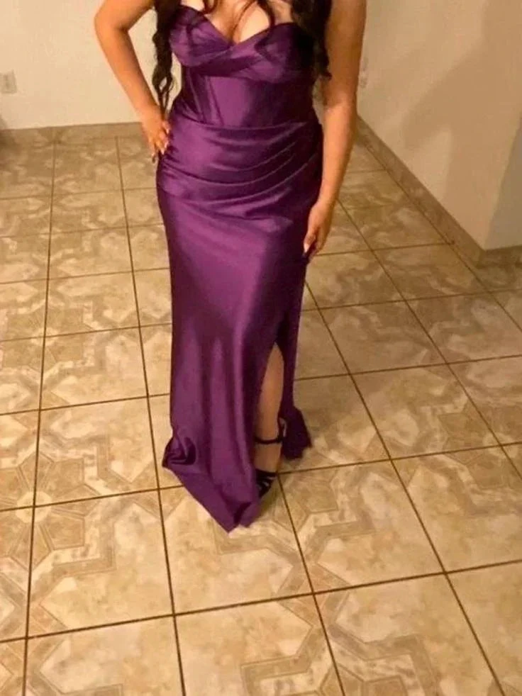 Vintage Purple Strapless Slit Satin Prom Evening Dress Y8113