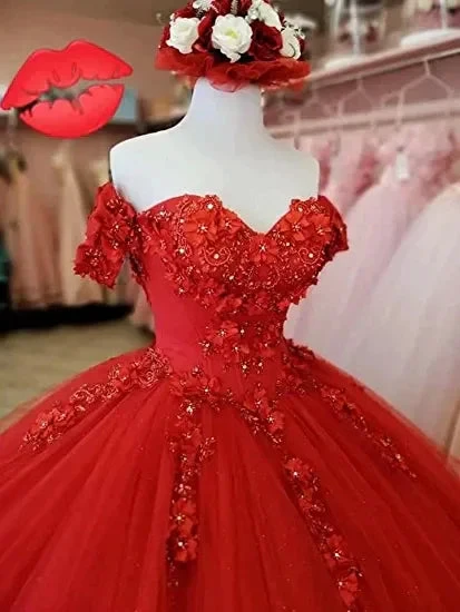 Generous Red A-line Tulle Lace Ball Gown,Sweet 16 Dress Y1221