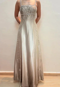 Fashion Spaghetti Straps Satin Tulle Beaded Prom Dress A Line Party Evening Gown Y8139