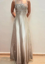 Fashion Spaghetti Straps Satin Tulle Beaded Prom Dress A Line Party Evening Gown Y8139