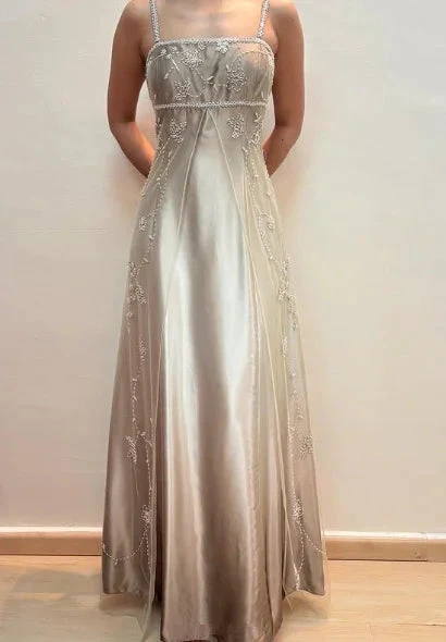 Fashion Spaghetti Straps Satin Tulle Beaded Prom Dress A Line Party Evening Gown Y8139