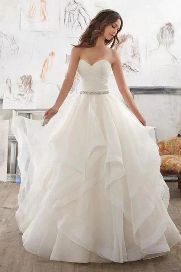 Illusion A Line Sweetheart Strapless Ruffles Beaded Belt Wedding Dresses MW167