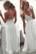 White Halter Floor Length Beach Wedding Dresses Beaded Cheap Prom Dress MP256