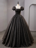Black Square Neckline Tulle Long Prom Dress Shiny Black Evening Dresses Y4386