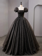 Black Square Neckline Tulle Long Prom Dress Shiny Black Evening Dresses Y4386