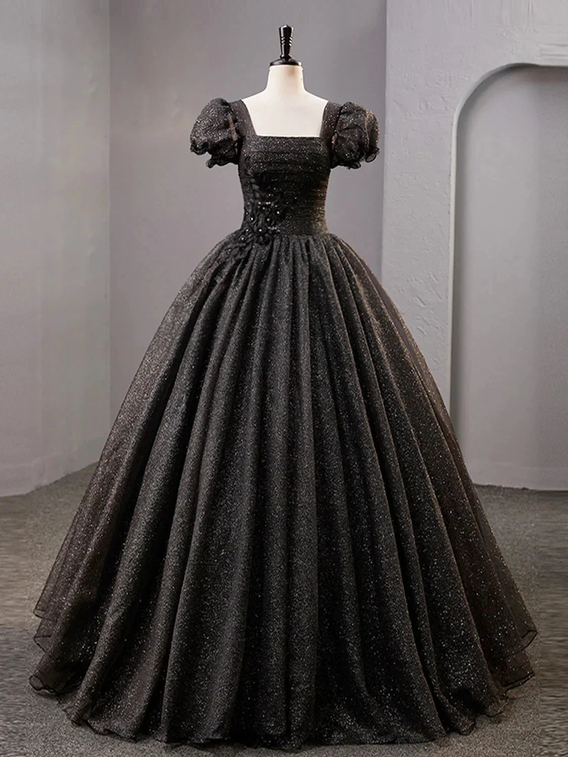 Black Square Neckline Tulle Long Prom Dress Shiny Black Evening Dresses Y4386