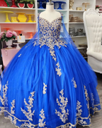 Royal Blue Tulle Ball Gown With Gold Lace Sweet 16 Dress Y530