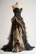 Vintage Black Tulle lace Appliques Pleated Evening Dress Prom Dress Y8354