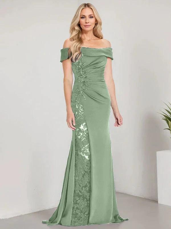 A-Line Off the Shoulder Floor-Length Mother of the Bride Dress Applique Beadings Mermaid Dress With  High Split