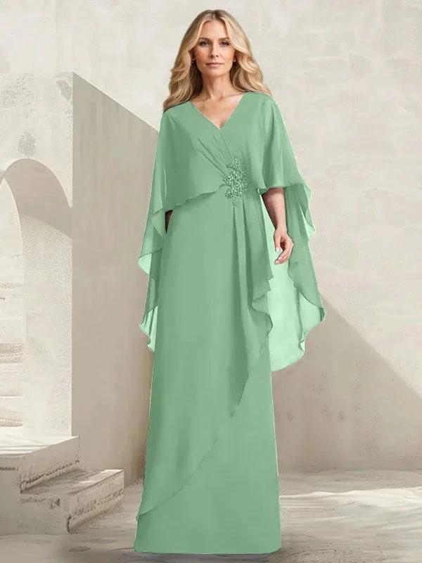 A-line V-Neck Floor-Length Chiffon Mother of the Bride Dress With Cascading Ruffles Beading