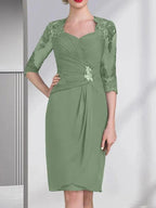 Sheath/Column Sweetheart Knee-Length Chiffon Mother of the Bride Dress With Beading Appliques Lace Sequins Pleated