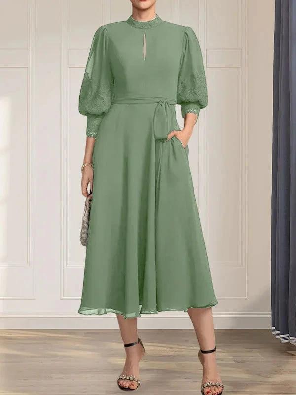 A-line High Neck Tea-Length Lace Chiffon Mother of the Bride Dress With Bow
