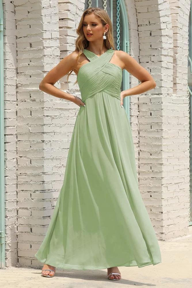 Numbersea Women Halter Chiffon Bridesmaid Dress A-line Long Formal Prom Gown SEA28015