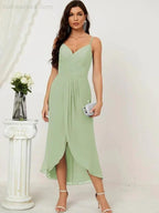 Numbersea Spaghetti Chiffon V Neck Bridesmaid Dress Mid-Length Slit Formal Prom Dress Homecoming Dress 2803