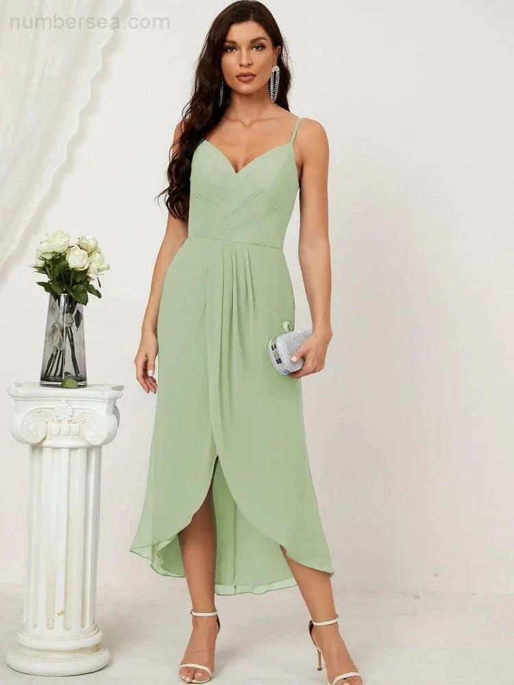 Numbersea Spaghetti Chiffon V Neck Bridesmaid Dress Mid-Length Slit Formal Prom Dress Homecoming Dress 2803