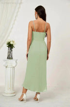 Numbersea Spaghetti Chiffon V Neck Bridesmaid Dress Mid-Length Slit Formal Prom Dress Homecoming Dress 2803