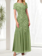 Blue Mermaid Round Neck Long Mother of the Bride Dress With Beadings