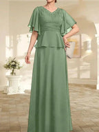 A-line V-Neck Floor-Length Chiffon Mother of the Bride Dress With Pleated Beading