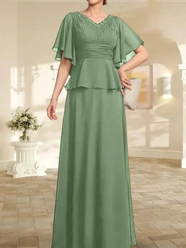 A-line V-Neck Floor-Length Chiffon Mother of the Bride Dress With Pleated Beading