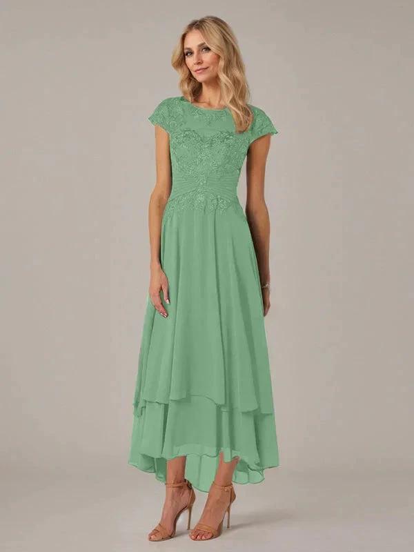 A-line Boat Neck Illusion Asymmetrical Chiffon Lace Mother of the Bride Dress With Applique Pleats