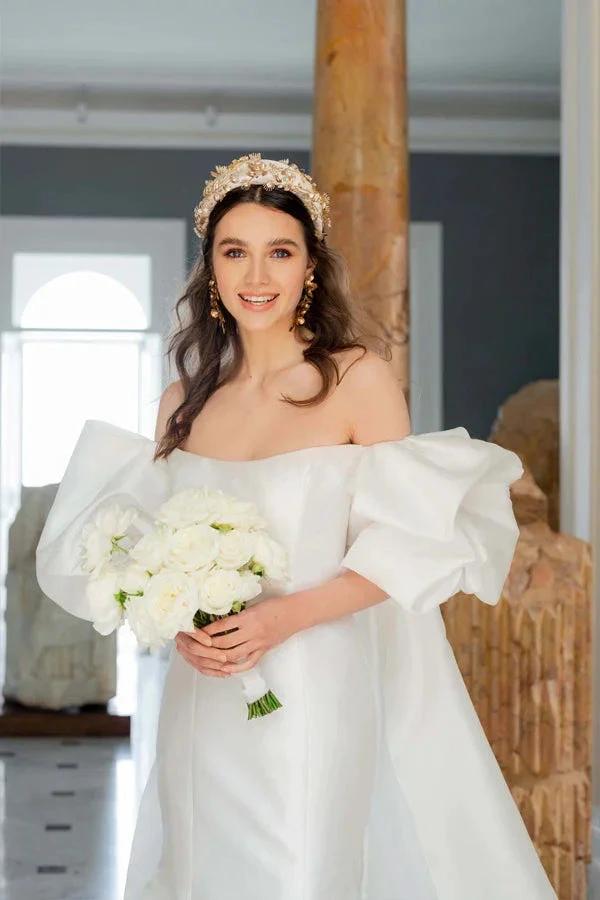 Satin Mermaid Off Shoulder Puff Sleeves Wedding Dress WD754