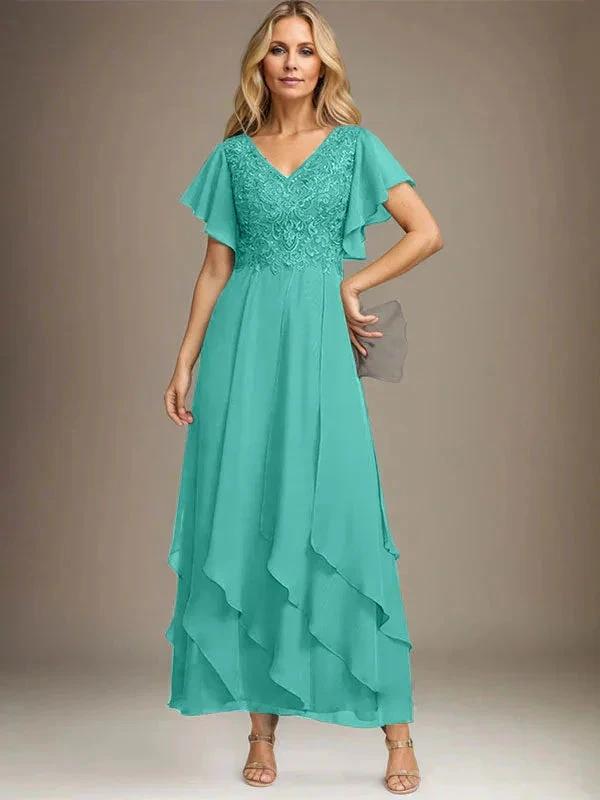 A-line V-Neck Ankle-Length Lace Chiffon Mother of the Bride Dress With Cascading Ruffles