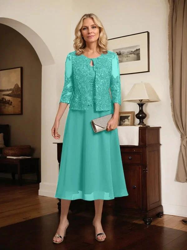 A-line Scoop Tea-Length Lace Chiffon Mother of the Bride Dress With Sequins