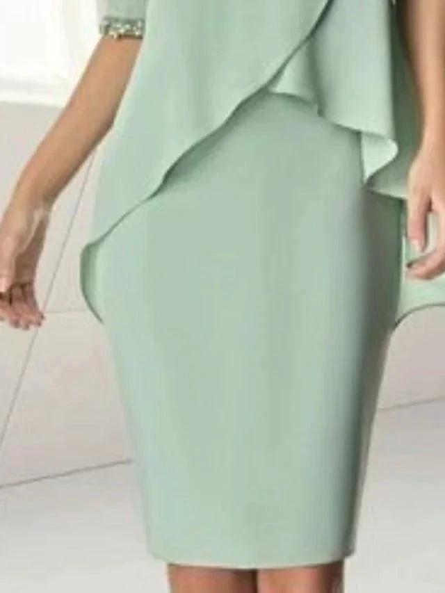 Sheath/Column Jewel Neck Knee-Length Half Sleeve Mother of the Bride Dresses with Beading Ruching