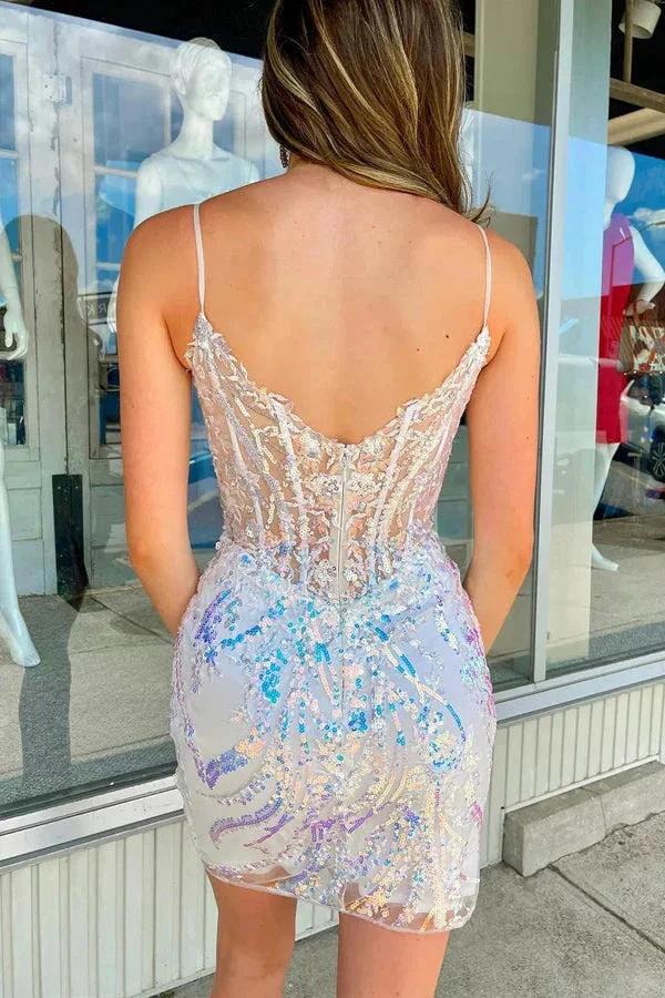 Sheath Spaghetti Straps Mini Homecoming Dress with Sequins PD554